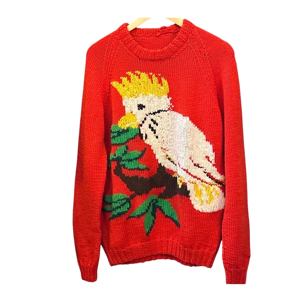 Vintage Handmade Cockatoo Sweater Tropical Maximalist Birdcore Novelty Knit